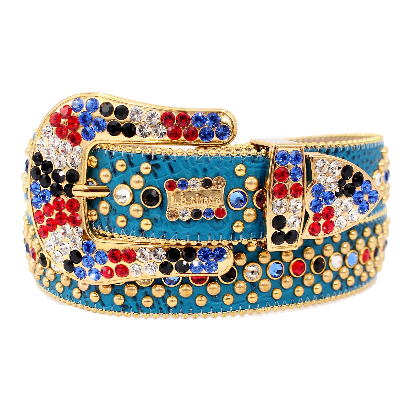 B.B. Simon Blue belt with Gold Studs and Multicolor Crystals