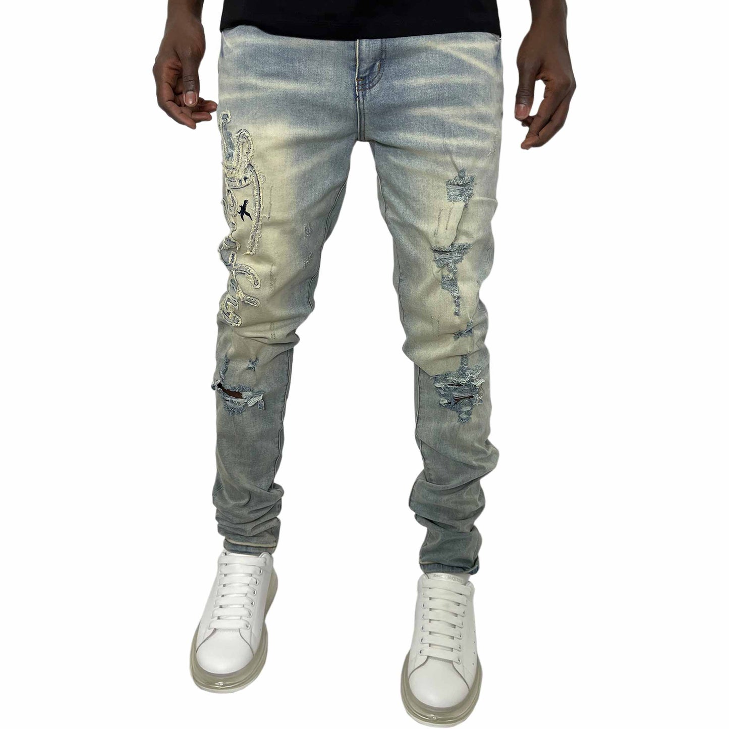 front image of jeans showing skinny relaxed fit