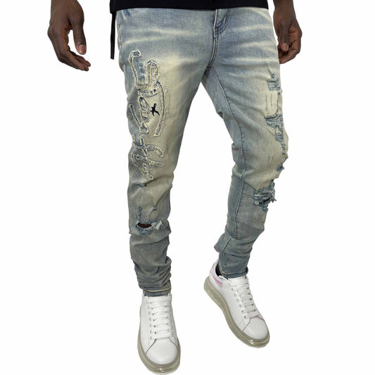 Stay fly jeans, light blue color, distressed and torn design