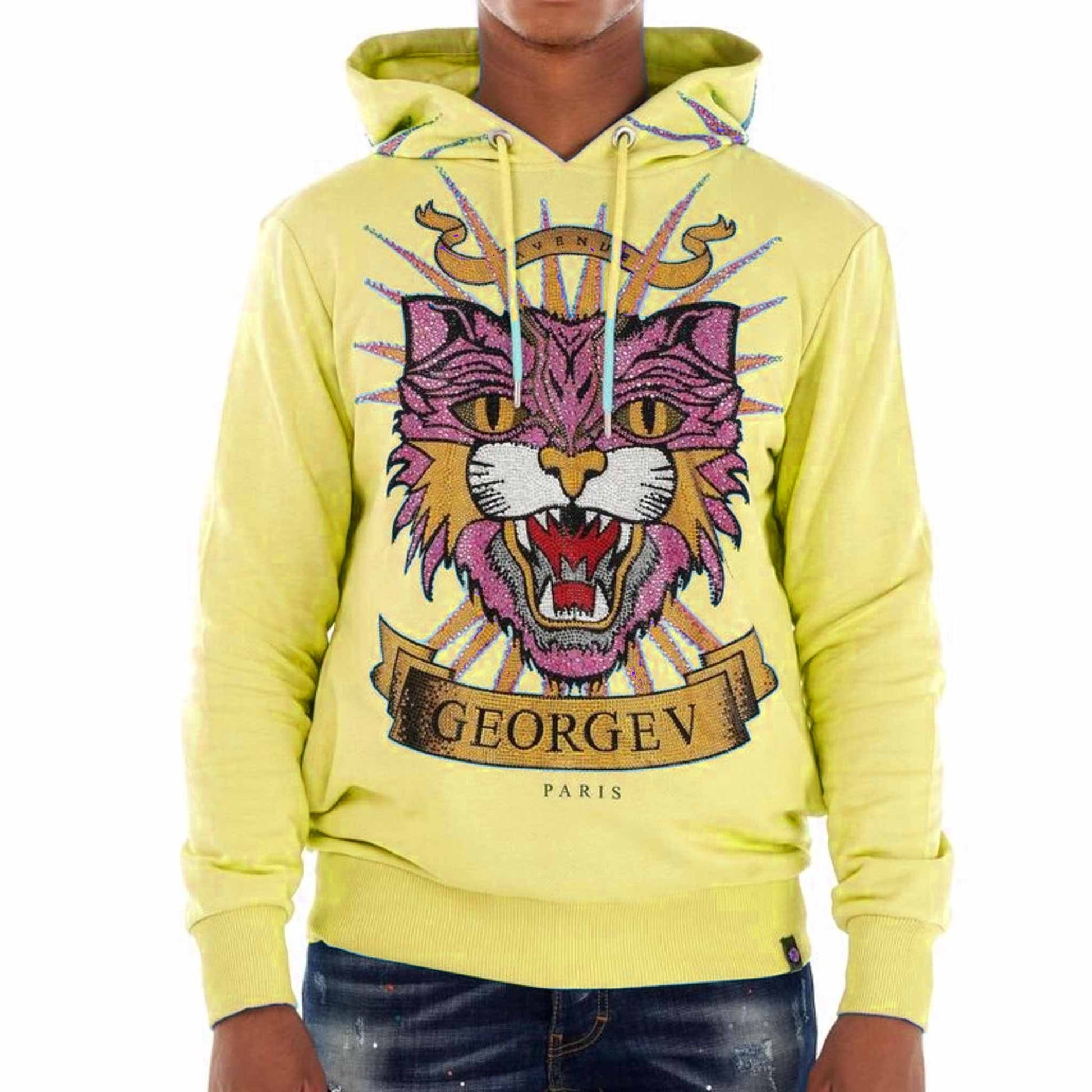 Yellow George V Paris "Big Lion Head" Hoodie with pink lion and embellished with rhinestones