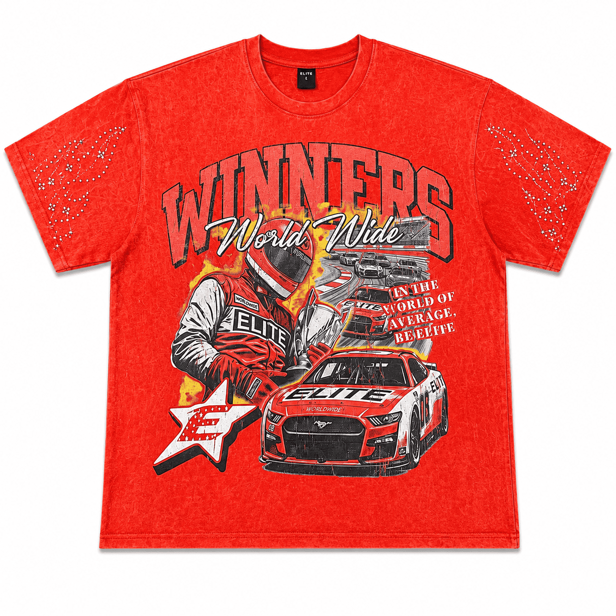 A red short-sleeve graphic t-shirt featuring a NASCAR race design with the text 'WINNERS World Wide' and an illustration of a driver and a race car.