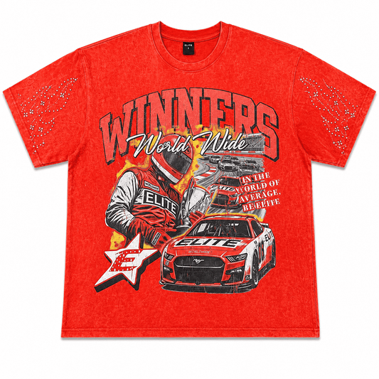 A red short-sleeve graphic t-shirt featuring a NASCAR race design with the text 'WINNERS World Wide' and an illustration of a driver and a race car.