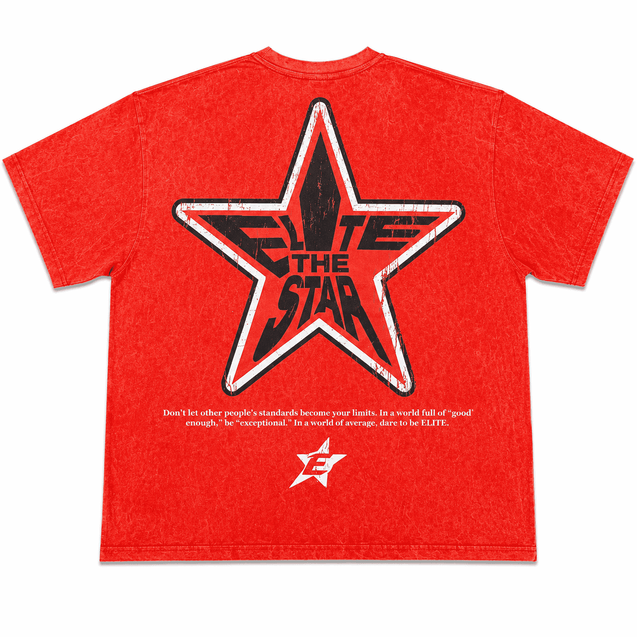 A red heathered short-sleeve t-shirt shown from the back, featuring a large distressed black and white star graphic with the text 'ELITE THE STAR' in stylized lettering. Smaller white text and a small star logo are printed below.