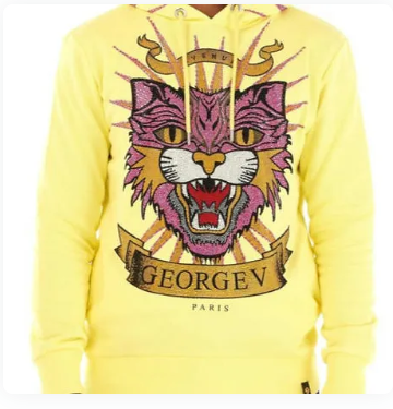 Close-up of yellow lion head hoodie