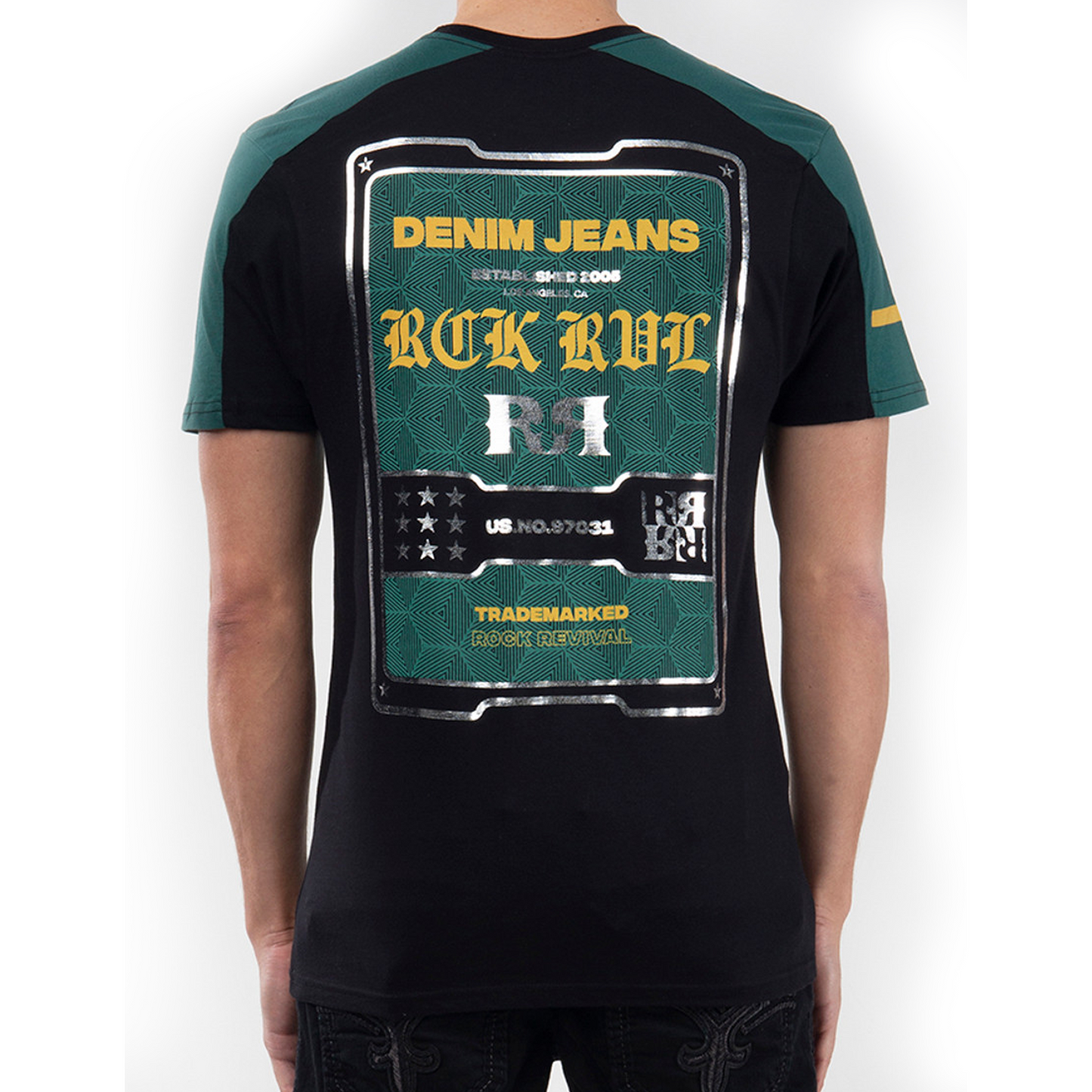 ROCK REVIVAL GREEN & BLACK COLORBLOCK SLEEVE CREWNECK T-SHIRT