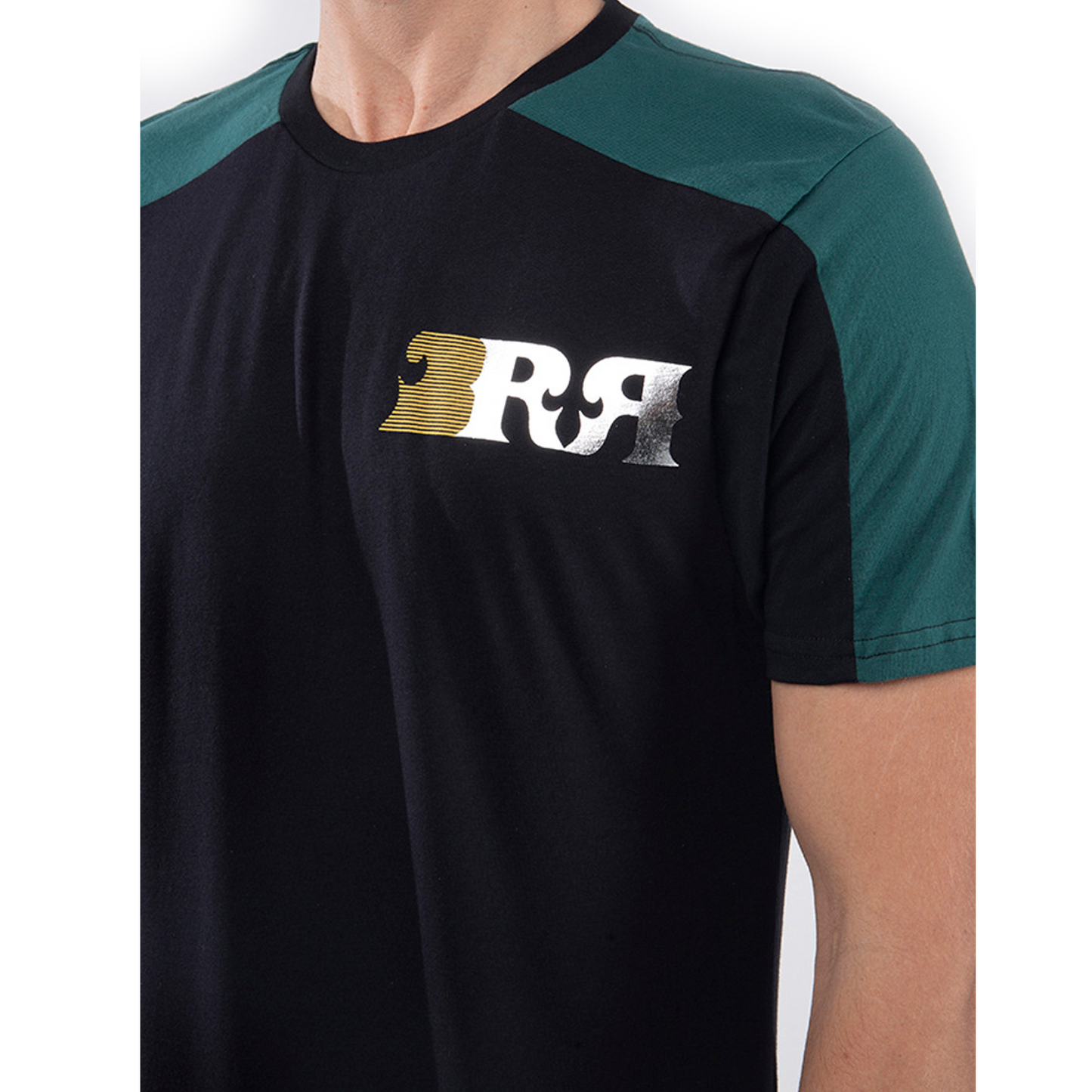 ROCK REVIVAL GREEN & BLACK COLORBLOCK SLEEVE CREWNECK T-SHIRT