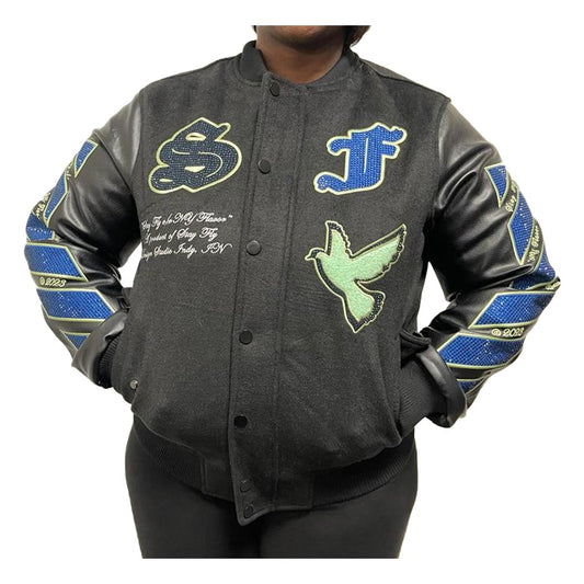 Front of Varsity Jacket, S letter on Right Chest and F letter on Left Chest, Green Pigeon with surrounding rhinestones.