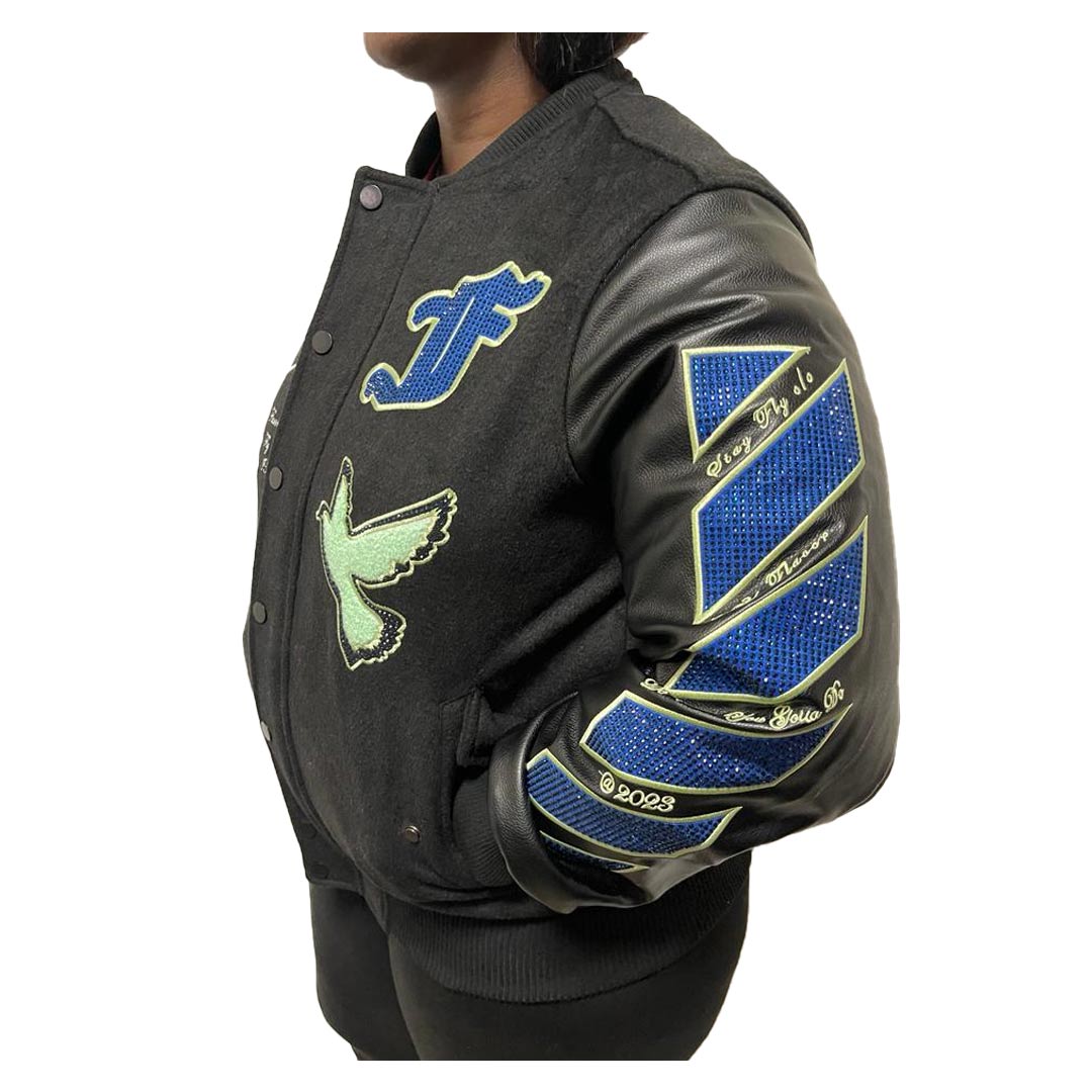 Left side profile of jacket shows additonal rhinestone pattern with stitch writing details.