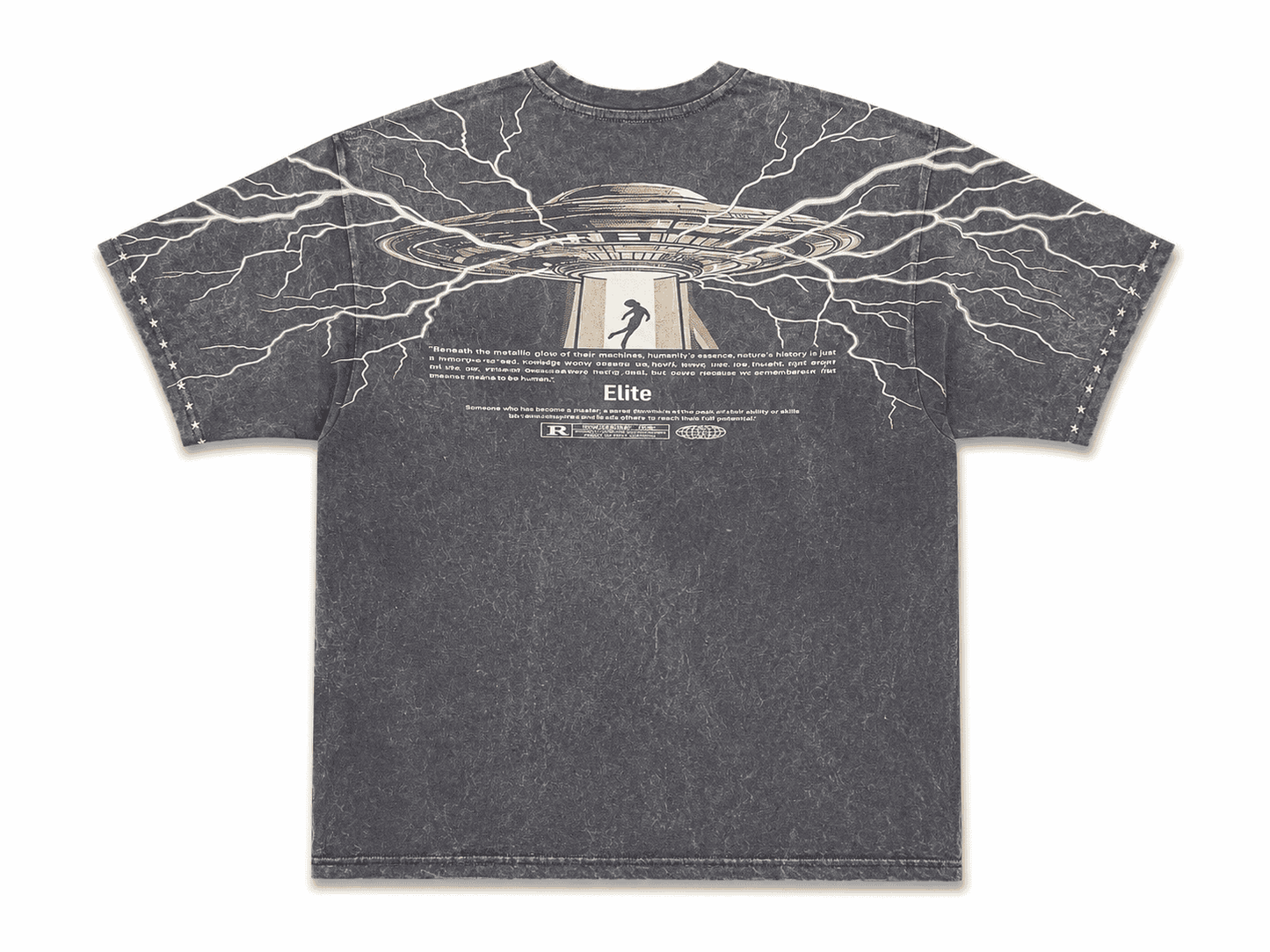 A dark gray mineral-wash t-shirt with a white graphic print of a UFO, lightning, and a figure walking through a portal, featuring the brand name 'ELITE' printed on the front.