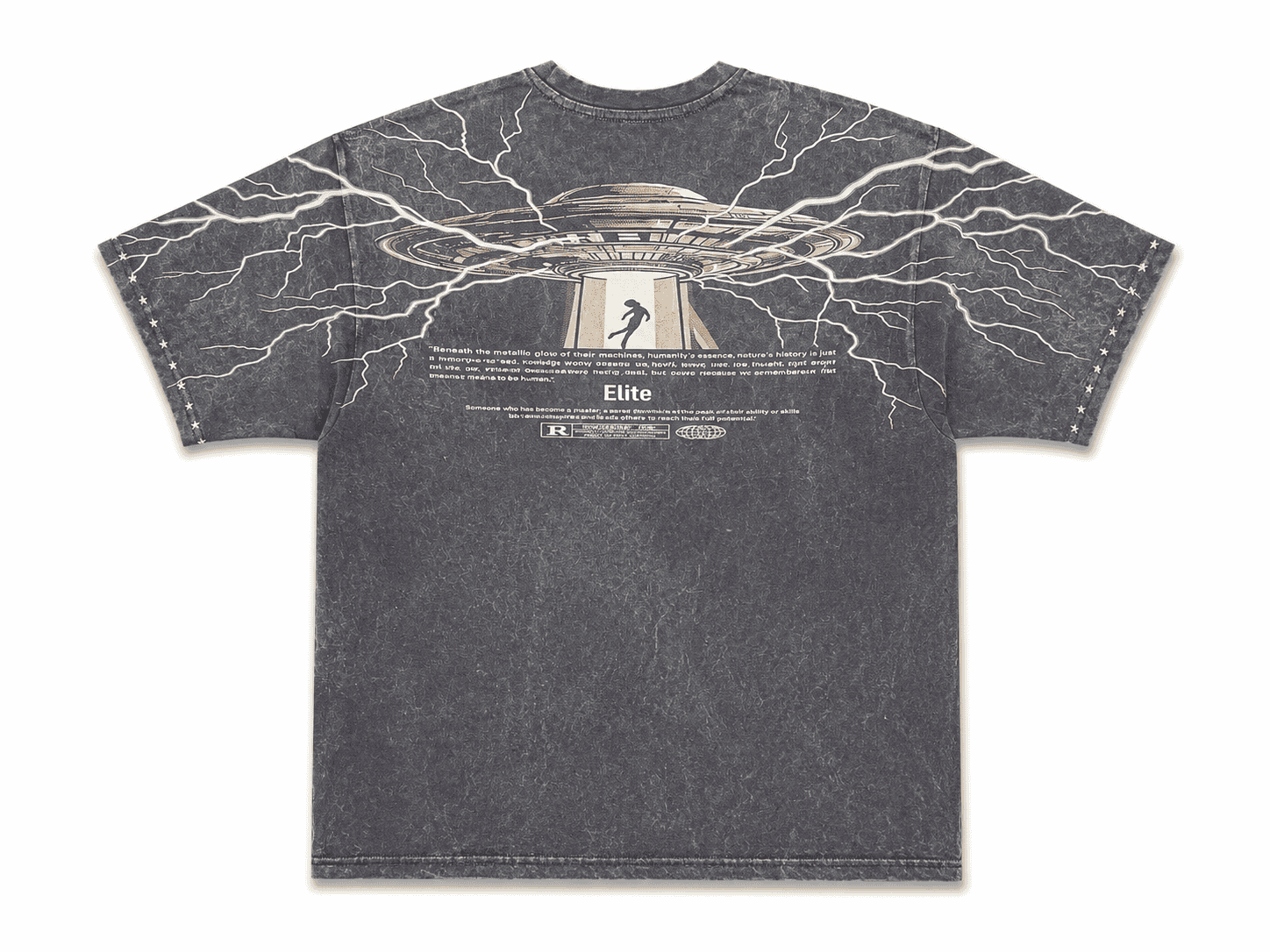 A dark gray mineral-wash t-shirt with a white graphic print of a UFO, lightning, and a figure walking through a portal, featuring the brand name 'ELITE' printed on the front.
