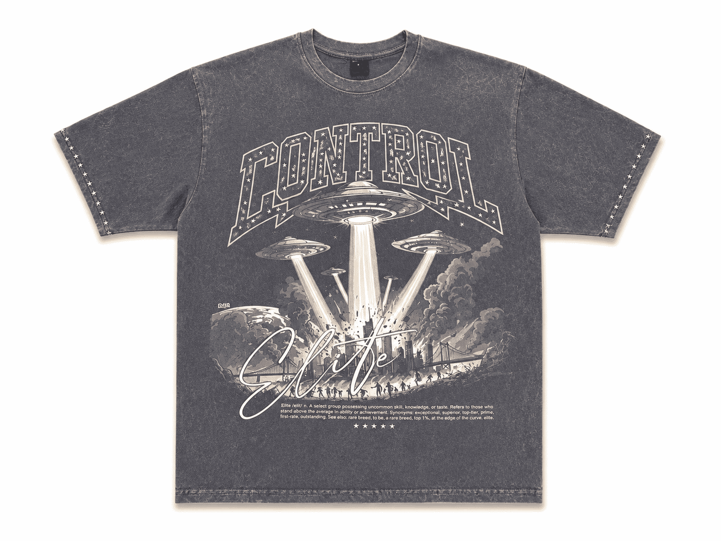 A dark gray mineral-wash graphic t-shirt featuring a white and gray retro sci-fi design with the word 'CONTROL' and a UFO illustration, displayed flat against a white background.
