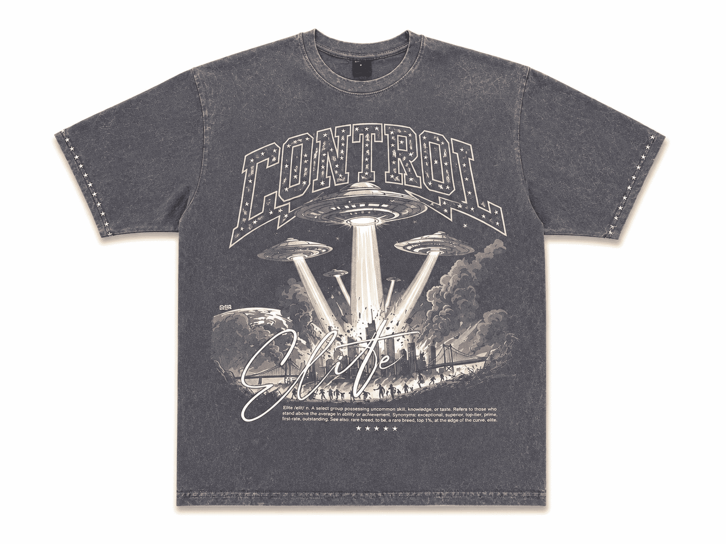 A dark gray mineral-wash graphic t-shirt featuring a white and gray retro sci-fi design with the word 'CONTROL' and a UFO illustration, displayed flat against a white background.