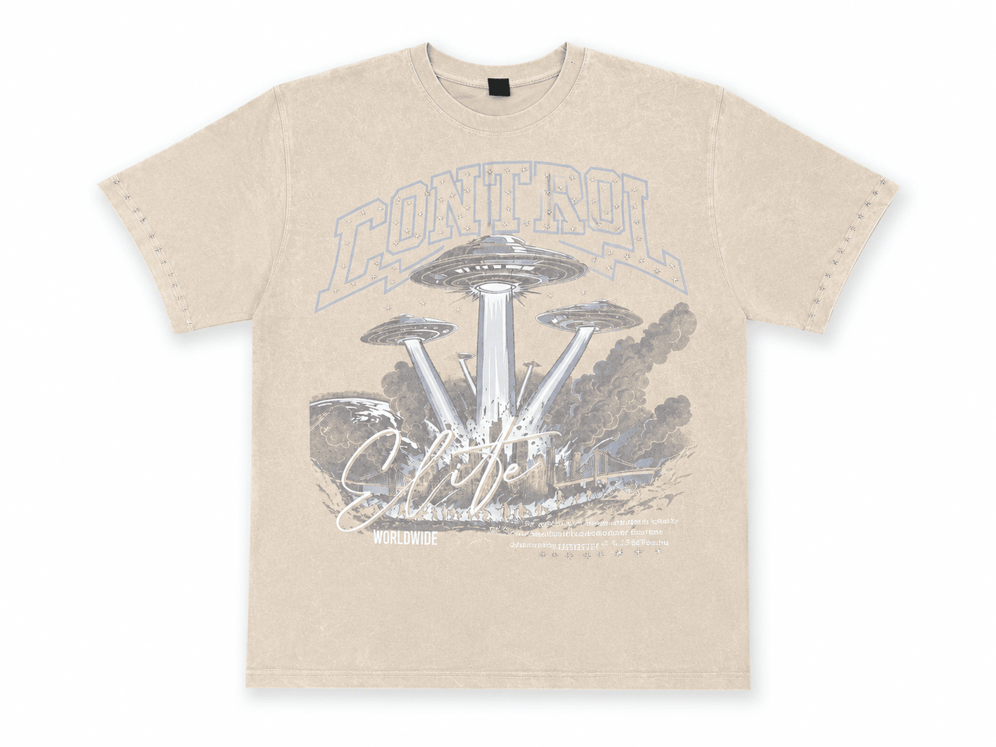 A beige short-sleeve t-shirt with a faded gray graphic print featuring a flying saucer, the word 'CONTROL', and stylized script text, displayed on a clean white background.