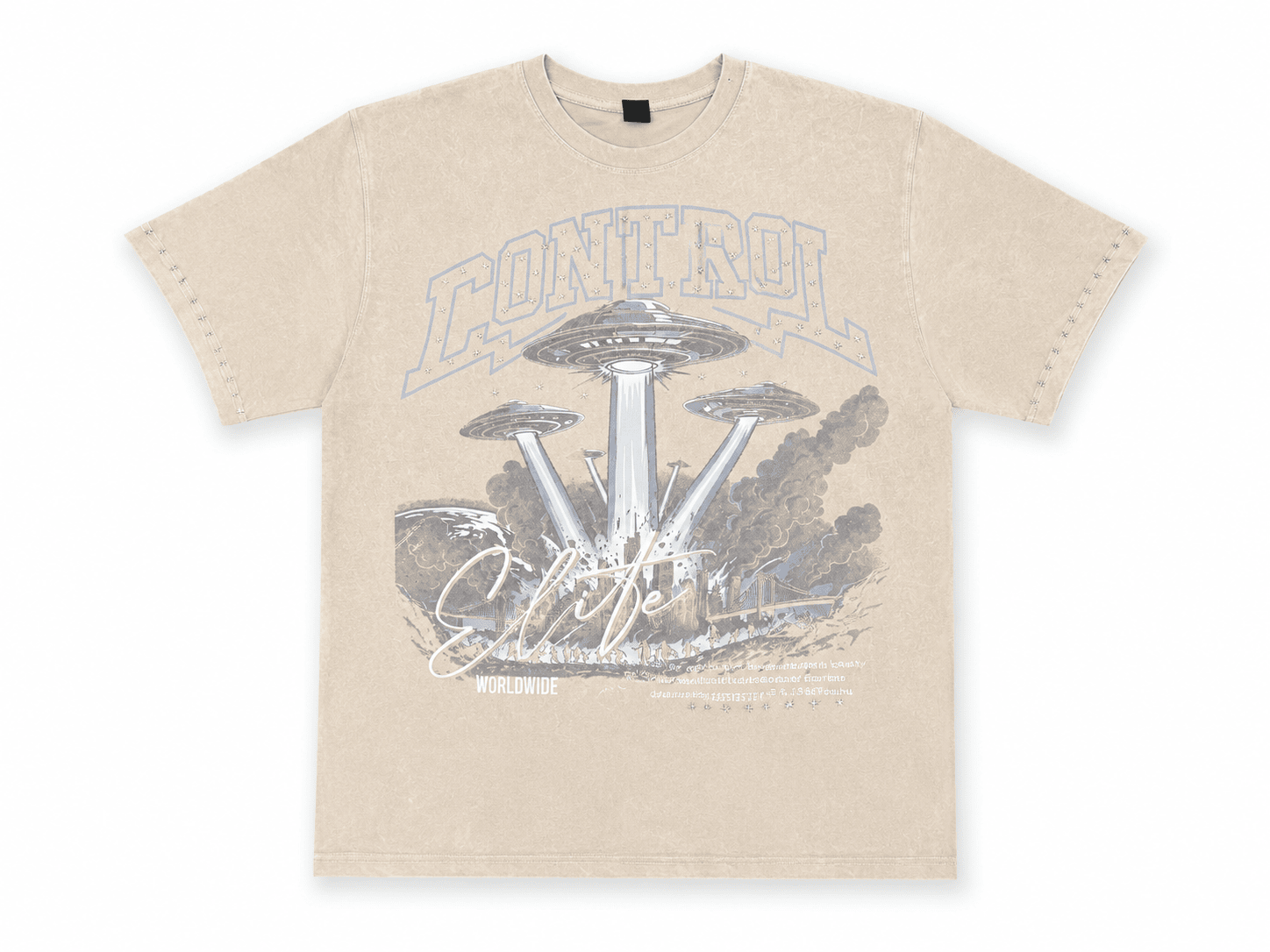 A beige short-sleeve t-shirt with a faded gray graphic print featuring a flying saucer, the word 'CONTROL', and stylized script text, displayed on a clean white background.