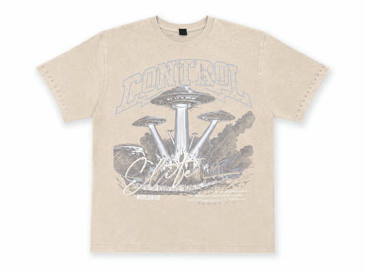 A beige short-sleeve t-shirt with a faded gray graphic print featuring a flying saucer, the word 'CONTROL', and stylized script text, displayed on a clean white background.
