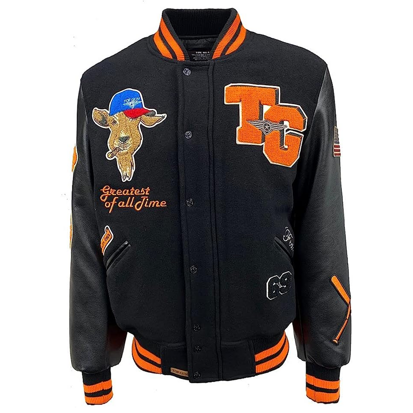 TOP GUN® MEN’S “GOAT” VARSITY JACKET (BLACK/ORANGE) TG2149